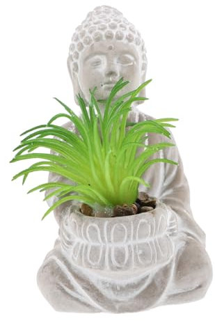 MOTHNUR Outdoor Buddha Statue Aus Cement Mit Fake Pflanzen Kleine Buddha Figur Für Garten Und Schreibtisch Wetterfeste Deko Für Innen Und Außen Pflanzen Dekoration