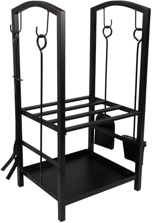 Lemodo Kaminholzregal Metall mit 4-teiligem Kaminbesteck, Brennholzregal, Metallregal für Holz und Briketts, stabiler Kaminholzständer, moderne Holzaufbewahrung, Feuerholzregal, Brennholzständer