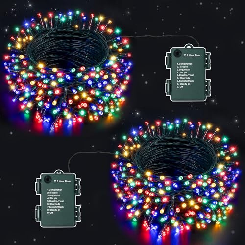 Ollny Fairy Lights Battery Operated, 20M 200 LEDs Battery Powered String | Lights, 2 Pack 10m Multicoloured Outdoor Lights Waterproof with 8 Modes/Timer for Indoor Bedroom Outside Garden Tree