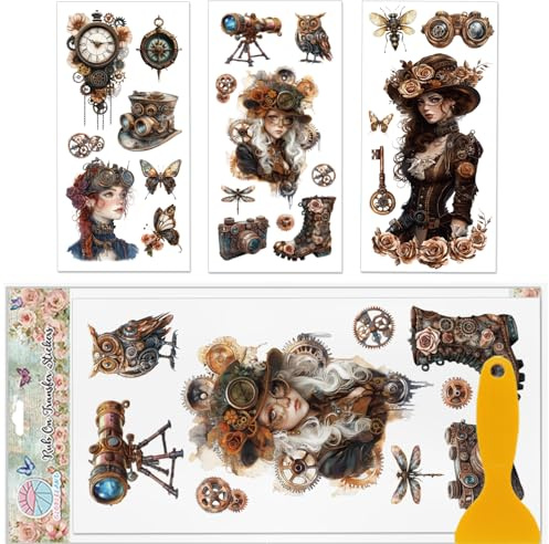 GLOBLELAND 3 Blatt Bunte Steampunk Lady Rub On Transfers Zahnrad Frau Möbeldekoration Vintage Objekt Abziehbilder Für Schlafzimmer Wohnzimmer Schreibtisch Tischdekoration