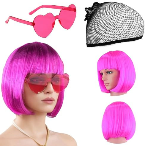 Kurze Bob Perücke, Rosa Perücke, Perücke Damen Pink,Rosa Perücken Perücke Kappe und Sonnenbrille für Frauen, Kostüm bunte Cosplay-Perücke Haarteile für Party