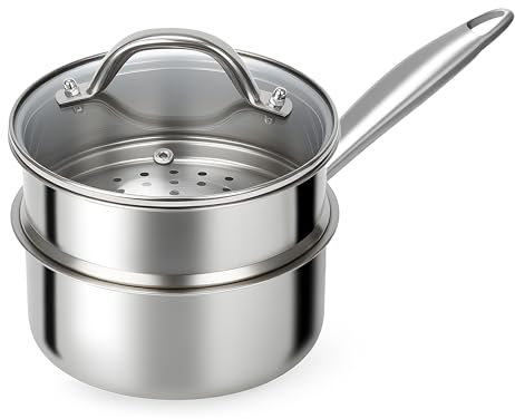 Ohtomber Stainless Steel Sauce Pan - Tri-Ply 1.5 Quarts Steamer for Cooking, Small Cooking Pot with Steamer Basket, Sauce Pan with Lid, Non Stick Saucepan, Induction Steam Pot for Vegetable, Oatmeal