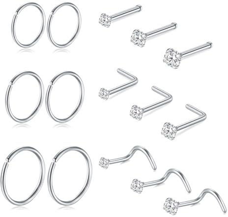 DAI JY 15 Pcs 20G Nasenpiercing Gold Silber Schwarz Titan Nasenpiercing Ring Stecker Chirurgenstahl L Förmig Zirkonia Nasenstecker Set Nasenring Dünn Hypoallergen Piercing Schmuck für Frauen Männer
