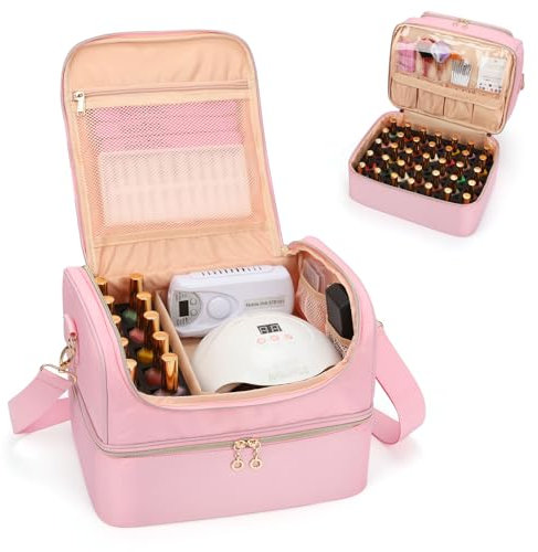 Nail Polish Organiser, Nail Varnish Storage Box Holds 45 Bottles Nail Polish & Nail Lamp, Nail Tech Travel Case, Nail Kit Carrying Bag for Nail Stuff & Manicure Tools (Pink, 45 Slots)