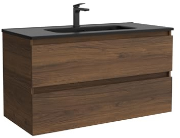 Mueble de Baño BEQUIA 100cm Nogal | Lavabo Negro Porcelana Centrado