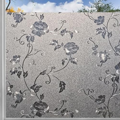 Pellicola autoadesiva per finestra, 80 x 1100 cm, statica, opaca, in vinile, per camera da letto e ufficio, senza colla, protezione visiva, design ibisco, facile applicazione