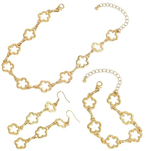 Vergoldet Vierblättriges Kleeblatt Armband Ohrstecker Armband Ring, Vierblättriges Kleeblatt Schmuckset für Damen und Mädchen, 3 PCS Kleeblatts Schmuck Set für Geschenke Geburtstag (Ohrring-Set)