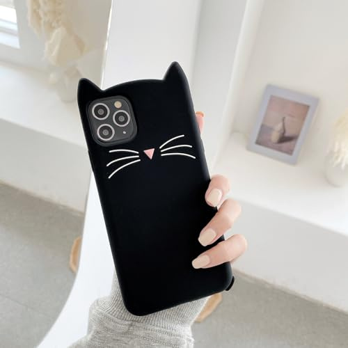 SSASMEU Bärtige Katze, 3D-Cartoon-Katzenohren, Silikon-Handyhülle für iPhone 15 14 13 12 Mini 11 16 Pro Max X Xr Xsmax 7 8 Plus, weiche Anhänger mit Lanyard-Abdeckung (für iPhone 11/schwarz)