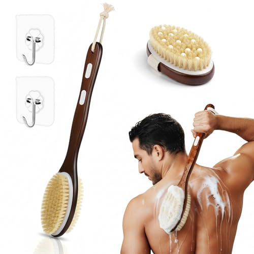 Lot de 2 brosses à dos à long manche - Brosse exfoliante pour le corps - Poils de sanglier naturels - Brosse de bain et de douche double face pour enlever les peaux mortes - Massage de cellulite
