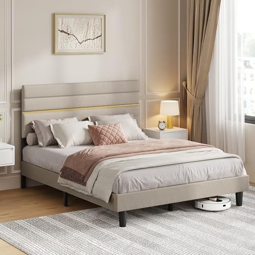 VASAGLE Double Bed Frame, for 135 x 190 cm Mattress, Adjustable Upholstered Headboard, Metal Frame, Wooden Slats, Modern, Cappuccino Beige RMB506LH01