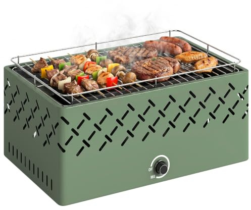Outsunny Barbacoa de Carbón Portátil 45,5x29x21 cm Verde Claro | Ventilador Integrado, Temperatura Ajustable, Bandeja de Carbón, para Camping, Picnic, Fiesta en Jardín