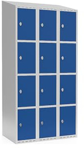 kaiserkraft | 4er-Schließfachschrank Fydor | 3 Abteile | lichtGrau/Enzianblau | B 900 mm | schräge Dachform | Vorhängeschloss