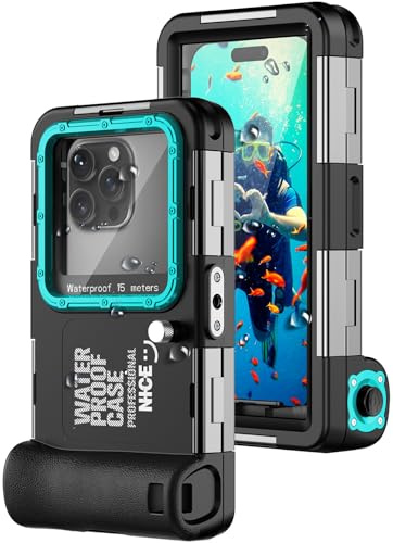 Hllhunkhe Unterwasser Handyhülle IP68 15m/50ft wasserdichte Handyhülle für iPhone 17 16 15 14 13 12 11 Pro Max/XS/X, Professionelle Tauchen Schwimmen Foto & Video, Outdoor-Schwimmen,Schwarz-Blaugrün