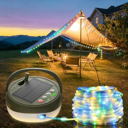 Glocusent Rechargeable Camping Light with 10m Camping String Light 130 LEDs | 2500mAh 30s Recovery Camping Lantern with 12 Lighting Modes & 10 RGB Lantern for Tent, Garden, Hiking, Party Festival Decor