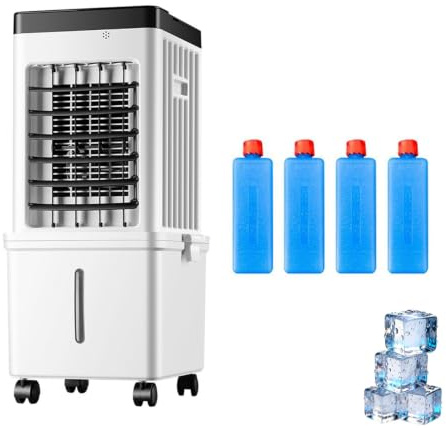 Nevthar Aire Acondicionado Portátil de 15 L,Enfriador Pantano,Unidad Enfriadora Evaporativa,4 Cristales de Hielo,Temporizador de 7,5 H y Flujo,para Dormitorio Y Oficina,Ruedas,ventilador bajo consumo