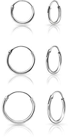 DTPsilver® 3 Paare WINZIGE Creolen Ohrringe 925 Sterling Silber - Knorpel/Wendel/Tragus - Dicke 1.5 mm - Durchmesser 10, 12, 14 mm