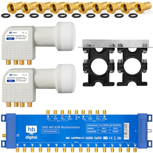 UHD Quattro LNB + Multicommutateur pmse HB-DIGITAL pour Full HDTV 3D 4K UHD avec bloc d'alimentation + fiche F dorée