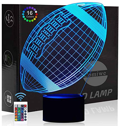 Comiwe Rugby 3D Illusion Nachtlicht Spielzeug,Dekoration LED Nachttischlampe 16 Farben Ändern mit Fernbedienung,Weihnachten Deko Lampe Geburtstagsgeschenk Für Mädchen Jungen Kinder und Freunde