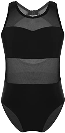 Alvivi Mädchen Ballettkleidung Mesh Einteiler Ballett Trikot Tanz Bodysuit Leotard Cut Out Rücken Gymnastikanzug Tanzanzug Gr.116-164 Schwarz 140