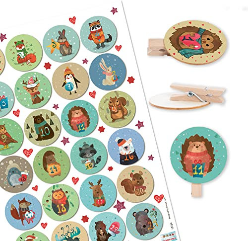 Logbuch-Verlag Adventskalenderzahlen f. DIY Adventskalender: AUFKLEBER + HOLZKLAMMERN Holz Scheibe rund 4 cm BUNT KINDER zum Basteln Weihnachtskalender