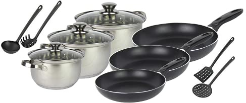 13-tlg. Basic Kochset, Küchen Starterpaket, 6-teiliges Topfset (Ø16,20 und 24cm), 3-teiliges Pfannenset(Ø20,24 und 28cm), 4-teiliges Küchenhelferset - alle Herdarten außer Induktion