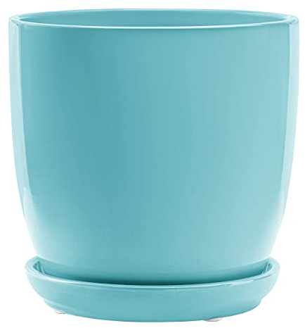 botle Klassischer Blumentopf Keramik Rund Glasiert Untersetzer mit Loch 5 Farben Weiß Gelb Grün Hellblau Betongrau 5 Größen D 13 15 17 18 20 24cm (Blau, Höhe 16 cm)