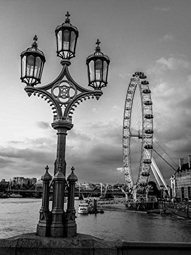 ART-PRINT-on-matt-paper-220gr- Straßenlampe mit London Eye, London, UK Frank Assaf – europäisches vertikales Bild, schwarz-weiß, Stadtland-Lampenpfosten London Lo 23_X_17_in