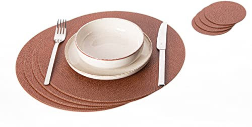 Nikalaz Rund Platzsets und Untersetzer aus recyceltem Leder, 4 Stück Platzdeckchen 33 cm und 4 Untersetzer 10 cm (Schmutziges Braun)