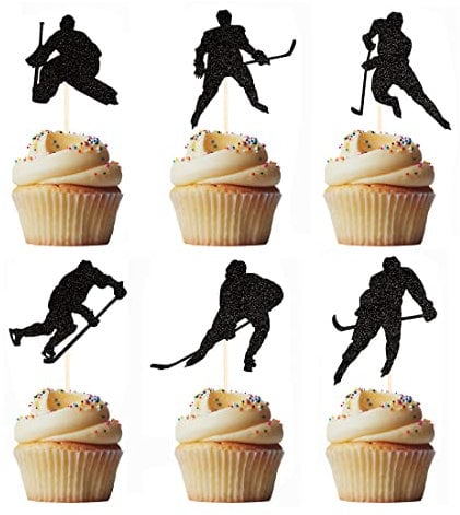 Morndew 24 Black Glitter Hockey Players Cupcake Toppers for Ice Hockey Sports Theme Party Boys Girls Birthday Baby Shower Wedding Decorations