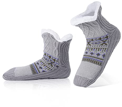 WOTENCE Herren Warme Dicke Wintersocken Anti Rutsch Sohle,Flauschig Thermo Socken Innenfrottee Hausschuhe Socken (Gray)