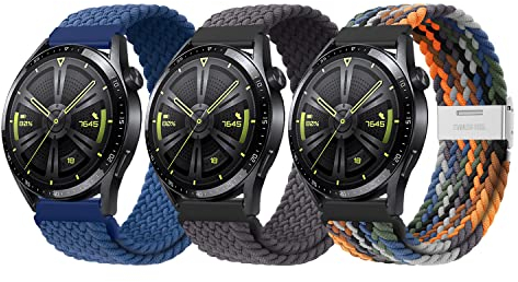 ZZMY Armband 22mm Nylon für Huawei Watch GT6 46mm Elastische Armbänder,GT5/GT4/GT3/GT3 Pro/GT2 46mm/GT2 Pro/GT 2e Geflochten Uhrband,4 Pro 48mm/GT Runner Stoffarmband für Damen Herren 3 Pack