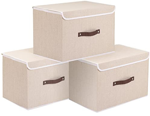 OUTBROS Caja Almacenaje con Tapa, Cubos de Tela Lavable, Juegos de Organizadoras con Tapa y Asa, Contenedores de Almacenamiento Plegable, 38 x 25 x 25 cm, 3 Unidades, Beige