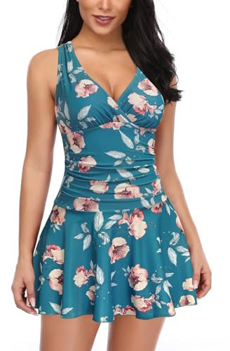 SHEKINI Maillot de bain une pièce pour femme - Dos nu - Jupe de bain plissée - Contrôle du ventre - Tankini - Maillot de bain de plage - Grande taille - Jupe de natation, Vert-y, M