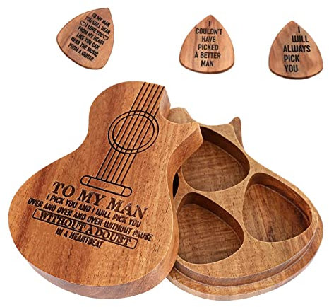 Personalisierte Plektrum-Etui in Gitarrenform mit 3 Plektren aus Holz, graviertes Plektrum mit Namenstext, individuelles Musik-Kunst-Geschenk