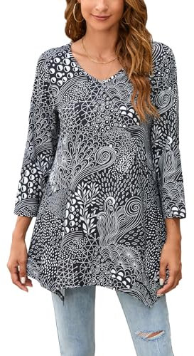 Enmain Camiseta Mujer Manga 3/4 Top Túnica Larga Cuello de Pico Blusa Elegante y Cómoda Talla Grande Tops Estampadas T Shirt para Mujeres,Negro,3XL