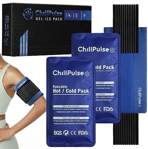 2 Poche de Glace en gel froid 25,4 X 12,7 cm Réutilisable avec Sangles- Vessie de glace Cervicales douloureuses, Jambes, Bras, genou, cheville et Avant-Bras