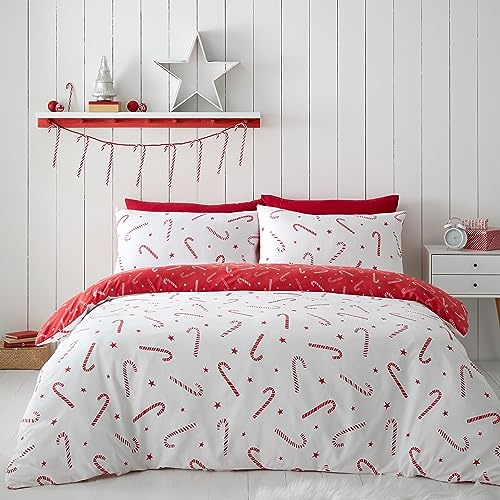 Catherine Lansfield Wende-Bettwäsche-Set für Doppelbett, Motiv: Zuckerstange, mit Kissenbezügen, Rot/Weiß
