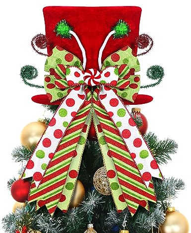 Syhood Christmas Tree Topper Hat with Red White Green Bows 10 x 8.5 Inch Collapsible Large Red Top Hat with Large Candy Bows Christmas Tree Top Decorations Ornaments for Xmas Tree Festive Gift Decor