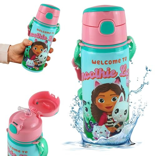 600ml Gabby's Cat Dollhouse Water Bottle with Strap Leak Proof Lightweight Insulated Aluminium Sports Water KBT Disney Bottle for Work Gym Travel Picnic Sports BPA Free | 21.5cm