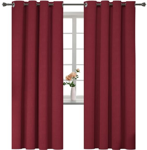 YSTELLAA Rideau 100% Occultant Lot De 2, 140×225cm, Effet Lin, Rideau Thermique Isolant Anti Froid Et Chaleur, Rideaux Anti Bruit, avec Oeillet, pour Salon Et Chambre, Rouge