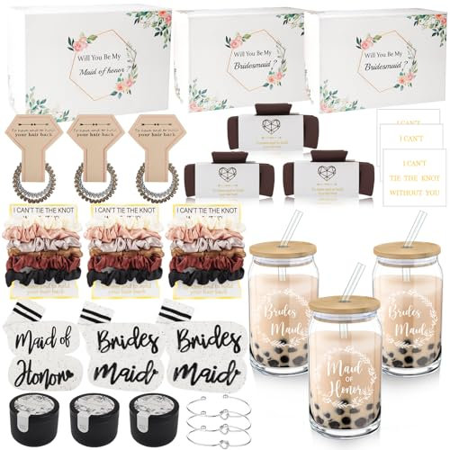 Mhoel 30-teiliges Antragsbox-Geschenk-Set mit 3 Stück, Trauzeugin, Antragsgeschenk-Set, Haarklammer, Brautjungfer, Socken, Kerze, Satin, Haargummis, Knoten, Armband, Brautparty, Geschenk, Schwarz