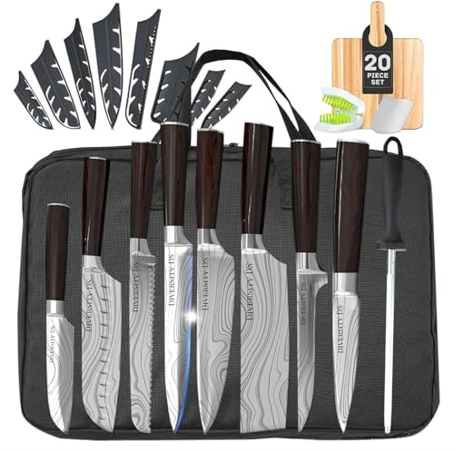 Japanese Kitchen Knife Set with Bag – 20-Piece Professional Chef Knife Set, High Carbon Stainless Steel Knives, Knife Bag Travel Case, Complete Cooking Set with Cutting Board