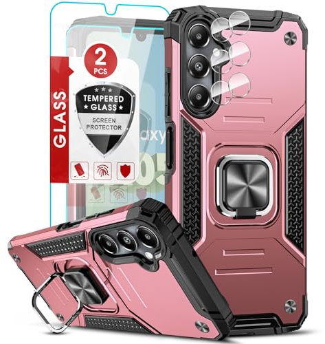 LeYi Coque pour Samsung Galaxy A05s avec 2 Verre Trempé Vitre Protection, 2 Protection Camera et Anneau Telephone, Militaire PC et TPU Silicone Etui Antichoc Housse pour Samsung Galaxy A05s - Rose