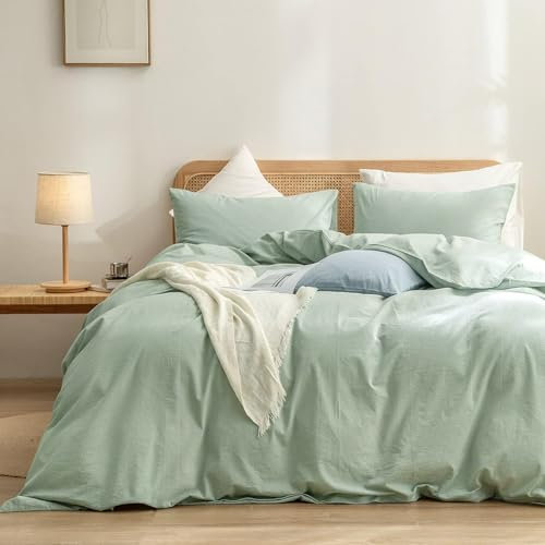 Gezu Housse de Couette Coton 240x260 Vert Clair Adulte Ado Uni 2 Personnes Parure de Lit Unie en Coton Housse Couette 240x260 Linge de Lit avec Fermeture éclair et 65x65cm Taies d'oreiller