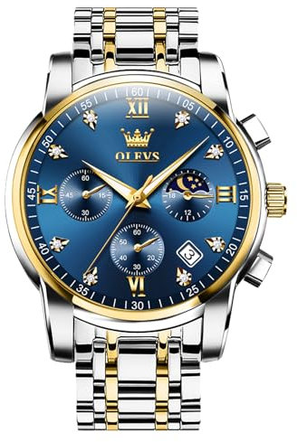 OLEVS Bicolor Herrenuhr mit Silber Gold Metallarmband Elegnt Analog Kleid Uhr Herren Wasserdicht Mode Datum Männer Uhr Blau Zifferblatt Groß Quarz Herren Armbanduhr Mondphase Geschenke für Männer