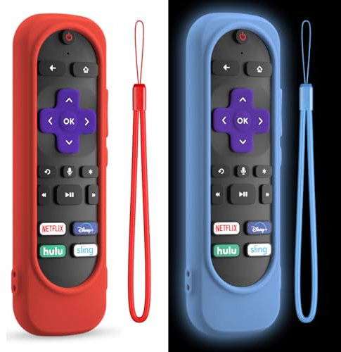 DUOLAXMENG 2 Pack Silicone Remote Cover for Roku Tv/Hisense/Tcl Remote,Silicone Case Cover Compatible with Universal Sleeve Voice Remote,Washable Roku Remote Cover with Lanyard (Red+Glow Blue)