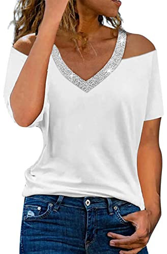 Uwdiohq Deals of The Day Bluse Donna Eleganti Particolari Curvy Tshirt Donna Manica Corta Bianca Top Raso Nero Lucido Blusa Bianca Scollo A V Camicetta Fresca in Chiffon Clearance Items