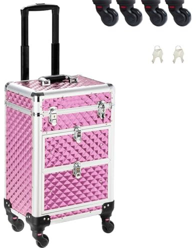 BAKAJI Trolley Make Up Professionale, Beauty Case Estetista Portatile, Valigia Porta Trucchi con Trama Oleografica a Triangolare e Ruote Staccabili, Valigetta Organizer Makeup Viaggio (Rosa)