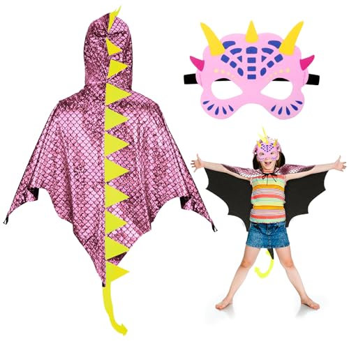 DKINY 80cm Cape Dinosaure Rose d'Enfant avec Masque Costume Ptérosaure Déguisement Carnaval pour Garçon Fille Cosplay Fête Halloween Épiphanie Anniversaire Soirée