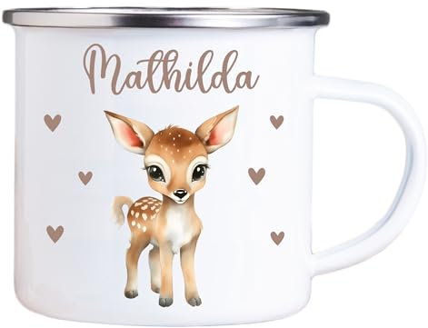 4youDesign Emaille Tasse Kinder personalisiert – Herz Reh – Tier Namenstasse – Geschenk für Jungen & Mädchen – Bruchsicher & Leicht – Geschenkidee zur Einschulung & Geburtstag - 300ml
